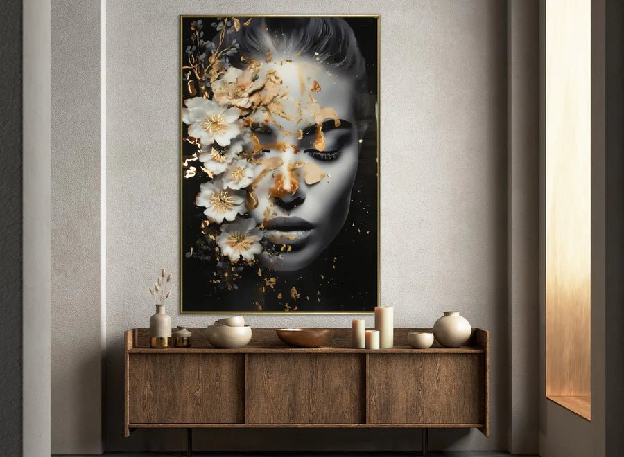 SOUGUAN Quadro Decorativo Floreale Oro E Nero 61x121 Cm - Arte Moderna Per Soggiorno, Cucina, Ufficio