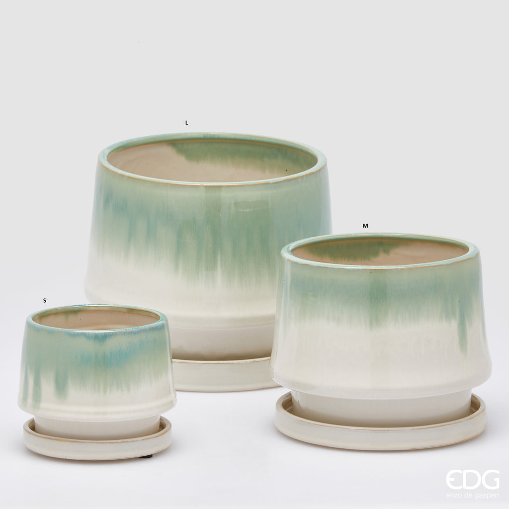 Edg - Vaso cachepot con piatto in ceramica bianco e verde | Rohome
