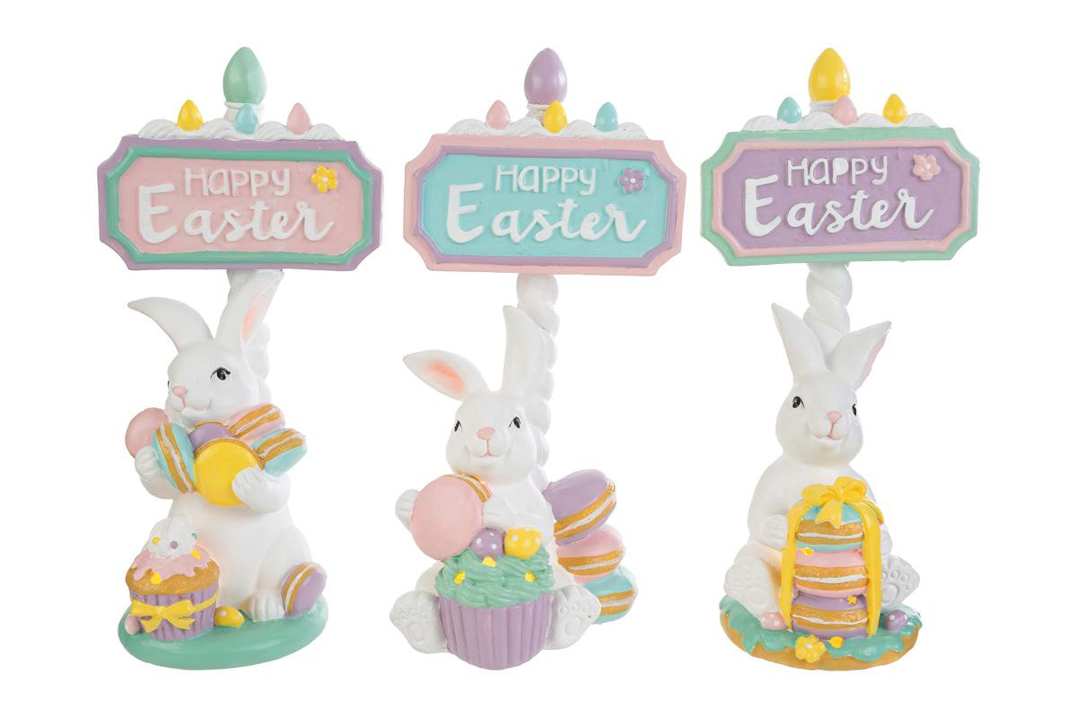 Coniglio pasquale in resina con cartello happy easter | Rohome