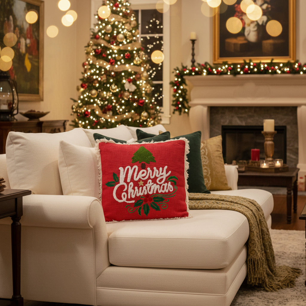 Cuscino Natalizio rosso con scritta ed alberi | Rohome