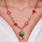Collana in Metallo con Testa di Moro verde, cuori e fiori | Rohome