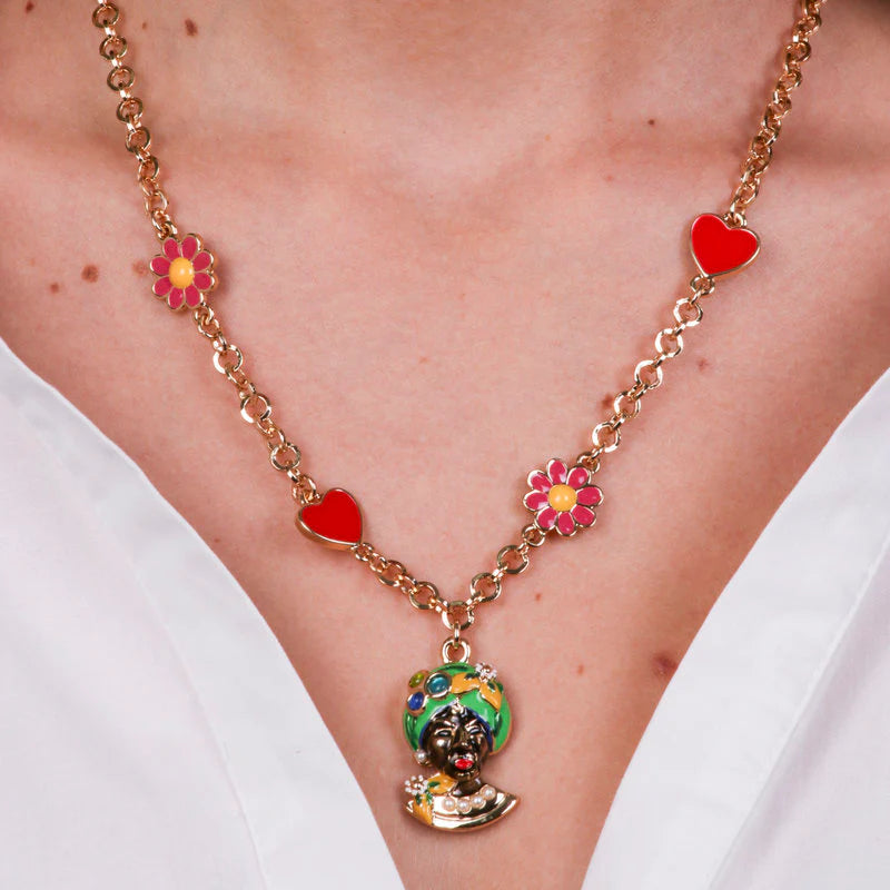 Collana in Metallo con Testa di Moro verde, cuori e fiori | Rohome