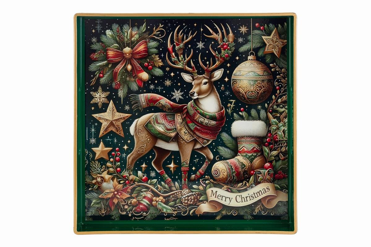Vassoio natalizio in melamina con renna disegnata e bordo oro  | rohome