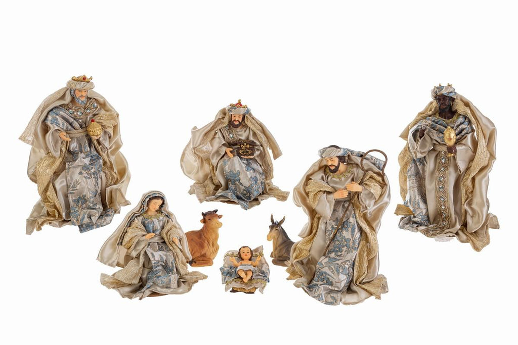 Set 8 pz natività in restina vestita con dettagli blu ed oro | Rohome