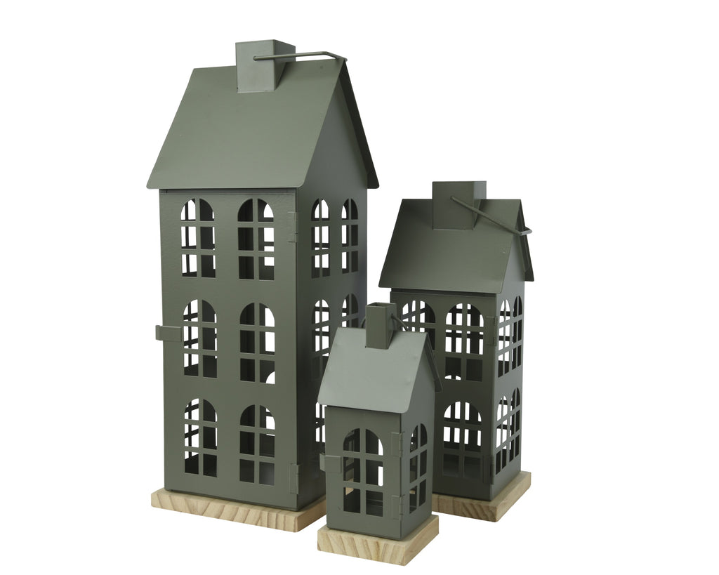 Set 3 lanterna in ferro a forma di casa colore verde | rohome