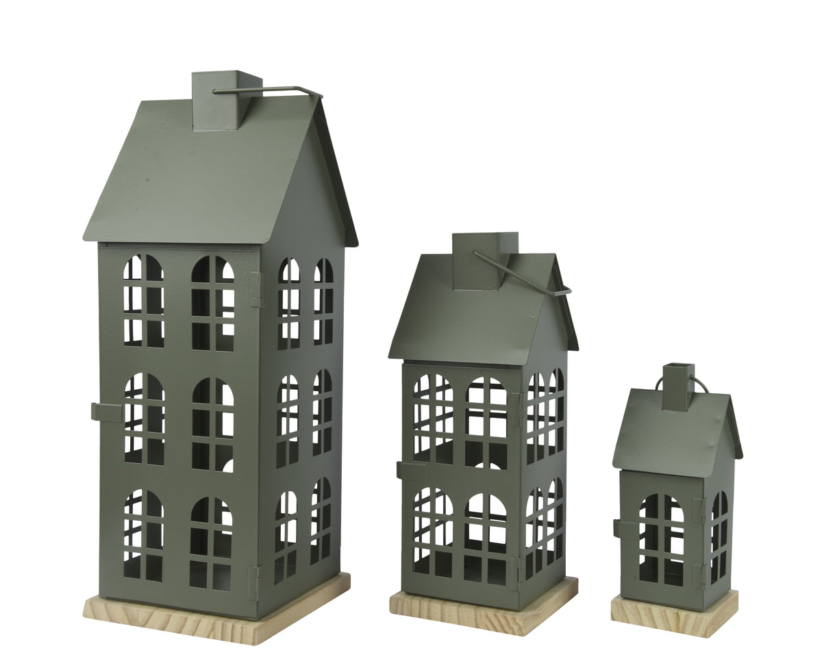 Set 3 lanterna in ferro a forma di casa colore verde | rohome