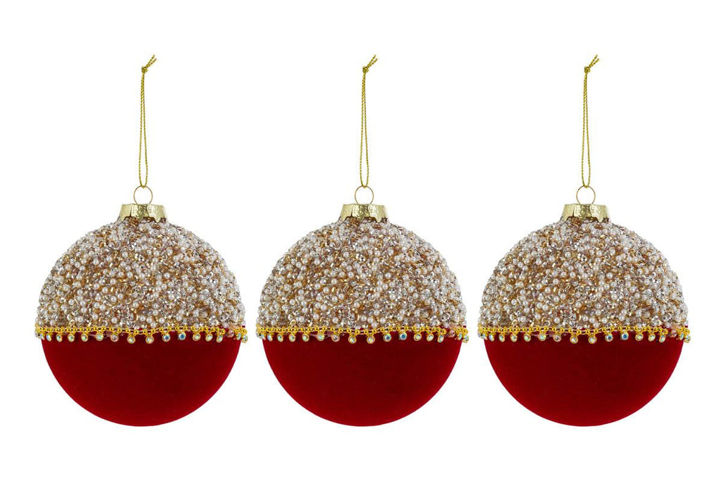 Set 3 palle di natale in vetro , velluto e perle d10cm  | Rohome
