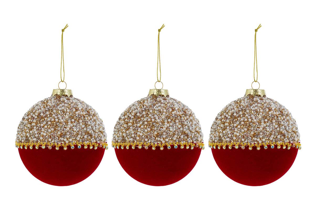 Set 3 palle di natale in vetro , velluto e perle d10cm  | Rohome