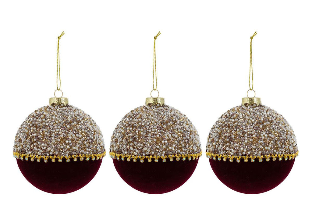 Set 3 palle di natale in vetro , velluto bordeaux e perle d10cm  | Rohome