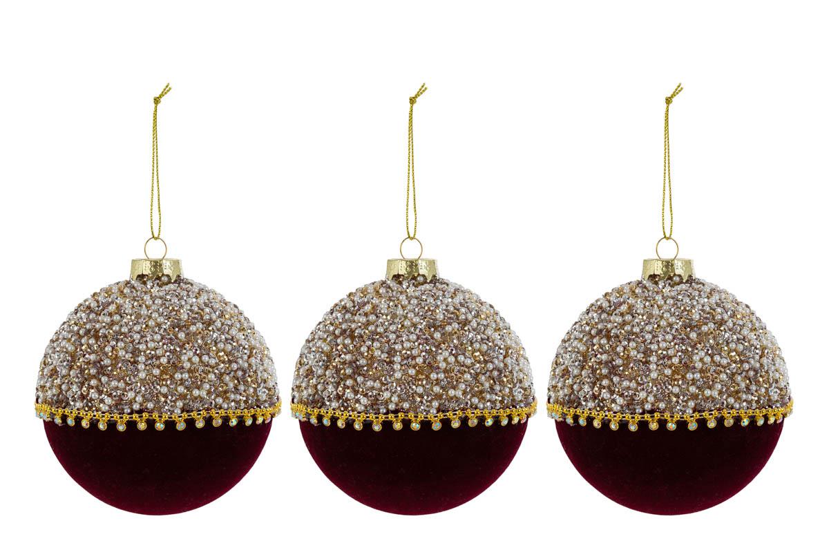 Set 3 palle di natale in vetro , velluto bordeaux e perle d10cm  | Rohome