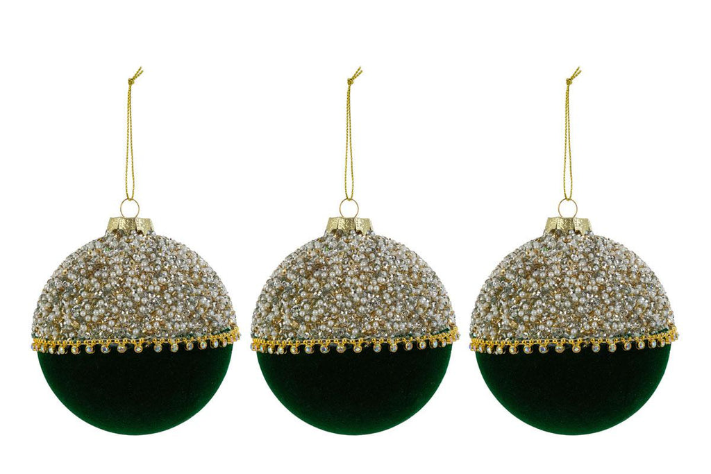 Set 3 palle di natale in vetro , velluto verde e perle d10cm  | Rohome