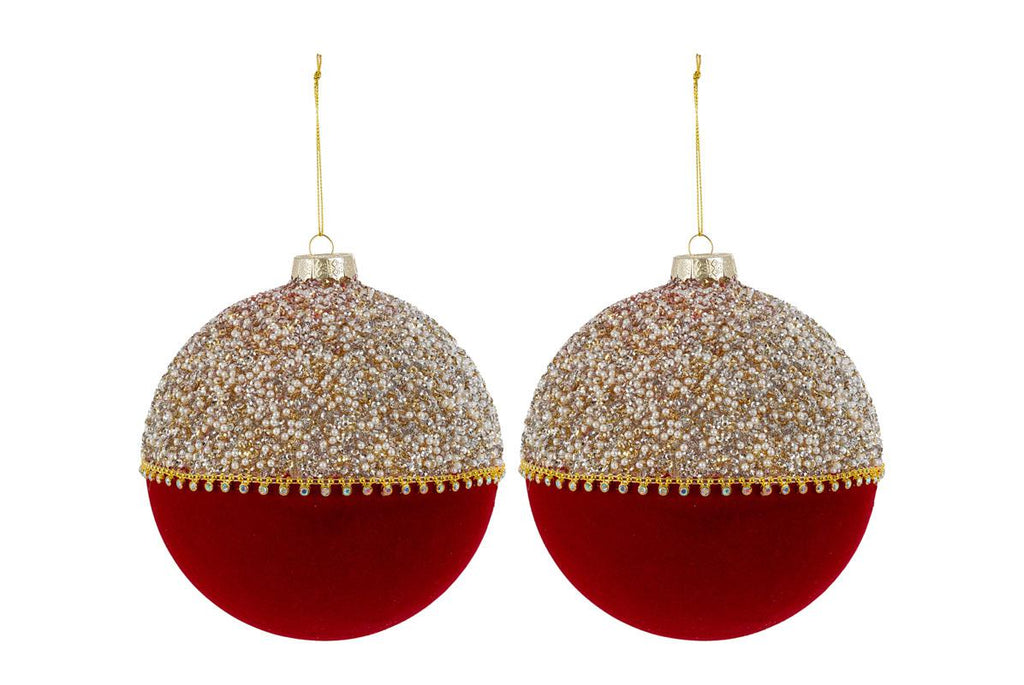 Set 2 palle di natale in vetro , velluto e perle d15cm  | Rohome