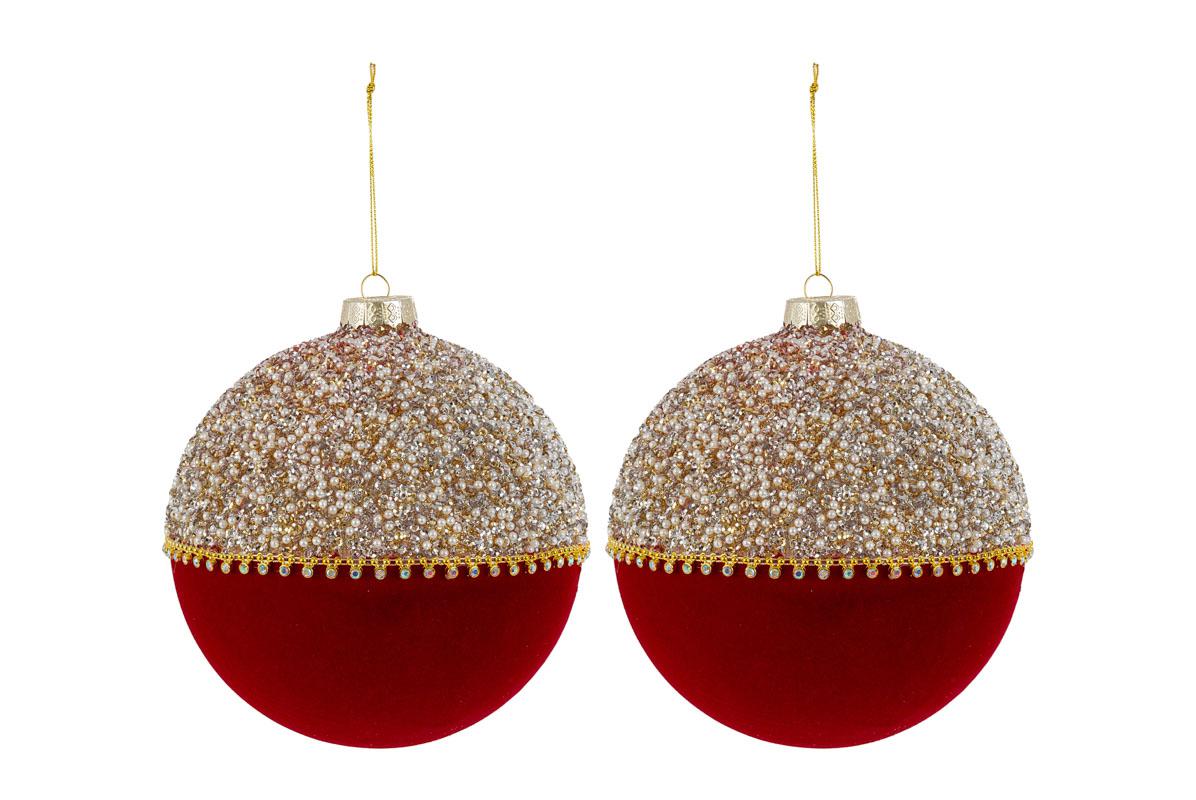 Set 2 palle di natale in vetro , velluto e perle d15cm  | Rohome