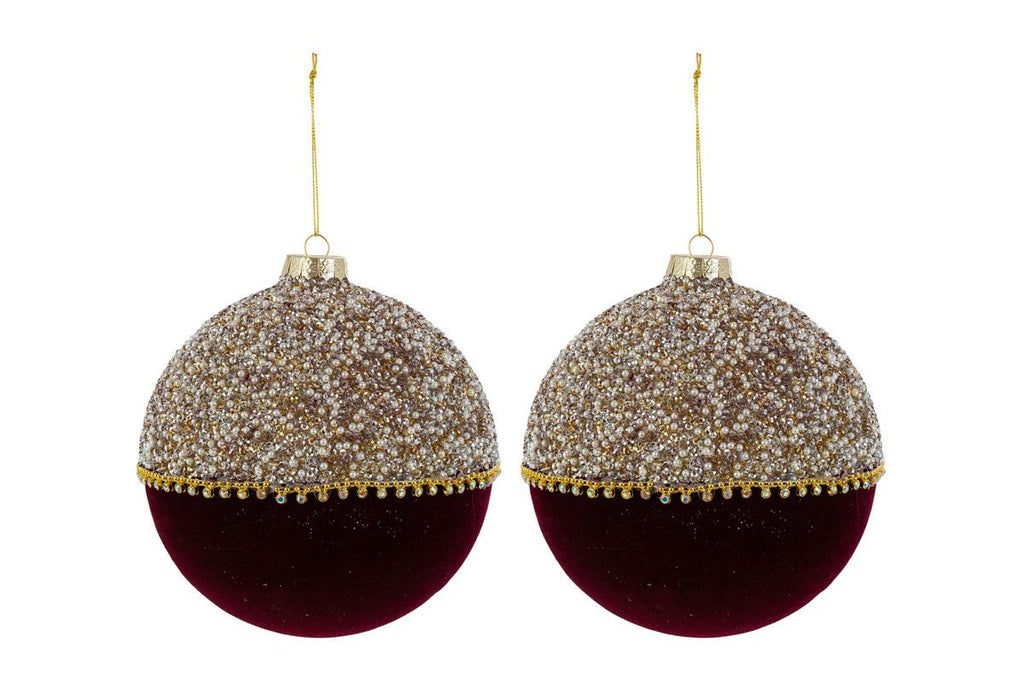 Set 2 palle di natale in vetro , velluto bordeaux e perle d15cm  | Rohome