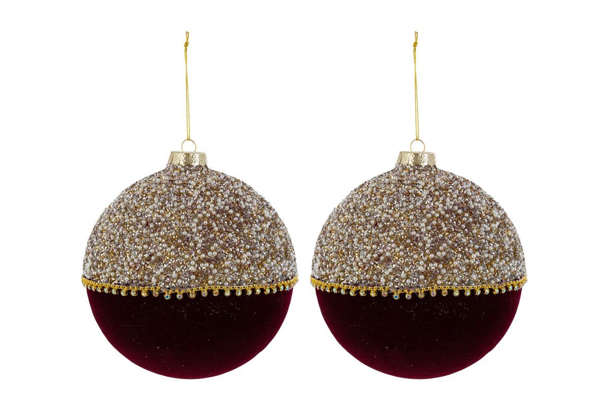 Set 2 palle di natale in vetro , velluto bordeaux e perle d15cm  | Rohome