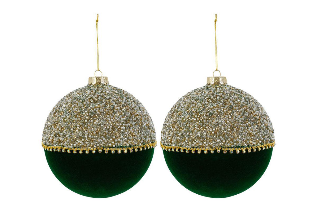 Set 2 palle di natale in vetro , velluto verde e perle d15cm  | Rohome