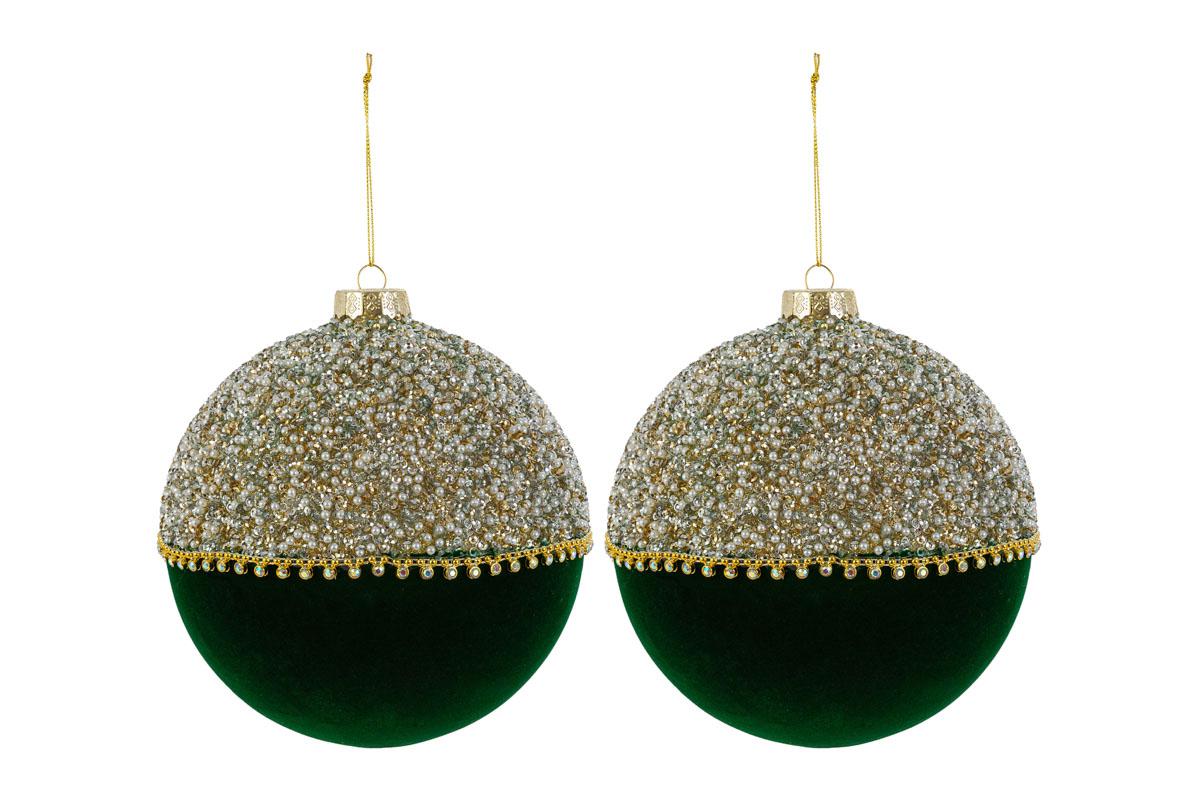 Set 2 palle di natale in vetro , velluto verde e perle d15cm  | Rohome