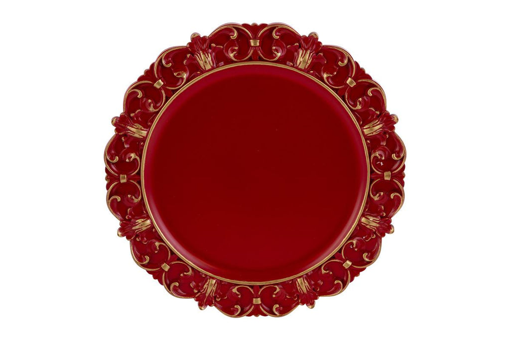 Vassoio rotondo barocco in melamina rosso ed oro | rohome