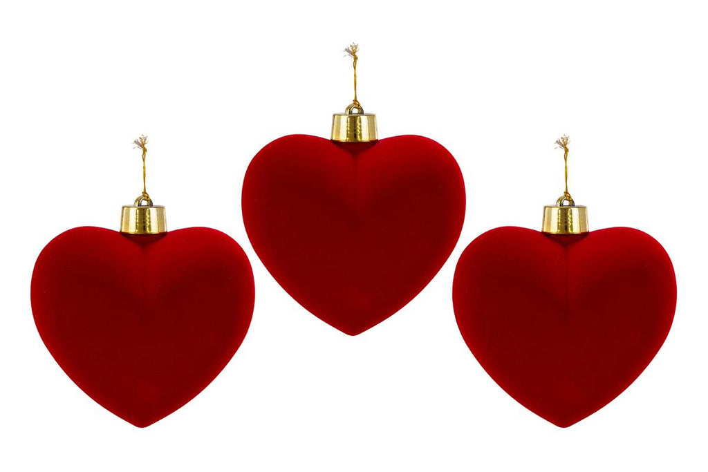 Set 3pz palle di natale cuore in velluto h.15cm rosso | Rohome