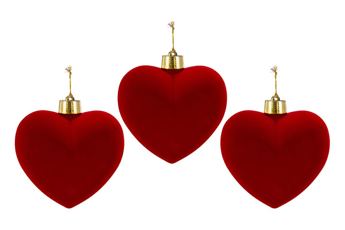 Set 3pz palle di natale cuore in velluto h.15cm rosso | Rohome