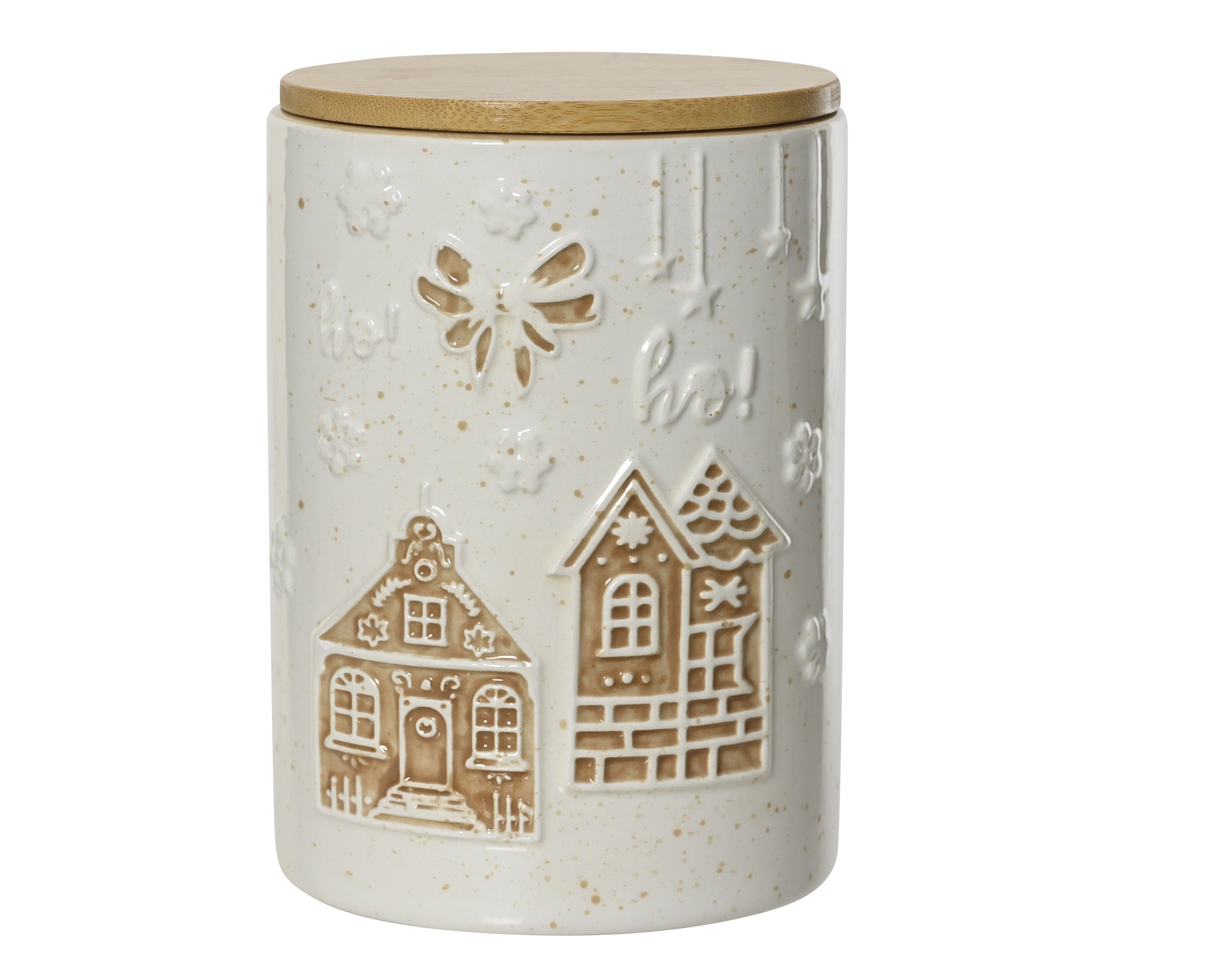 Barattolo Natalizio in Ceramica con Casette Pan di Zenzero e Coperchio in Bambù | rohome