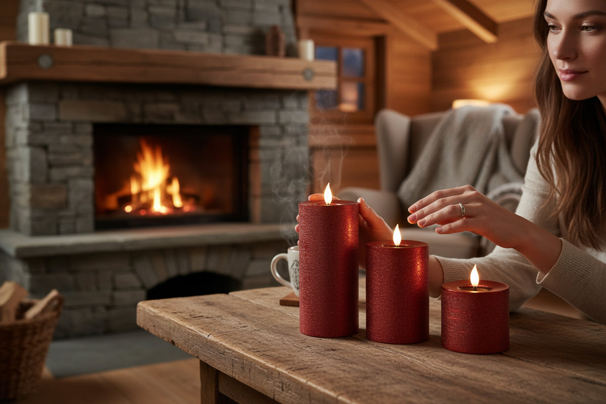 Set Candela a LED rossa con stoppino realistico e braciere in resina | Rohome
