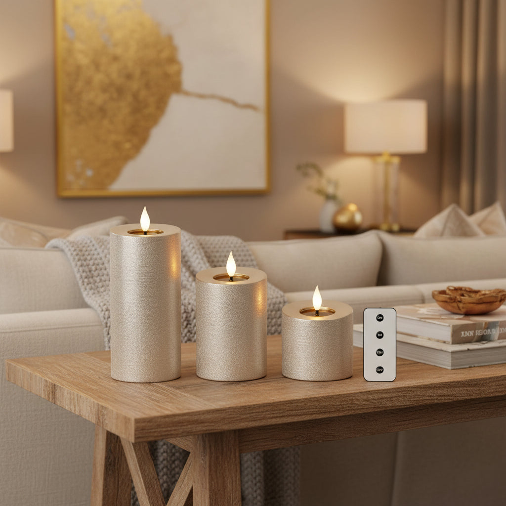 Set Candela a LED silvrer con stoppino realistico e braciere in resina | Rohome