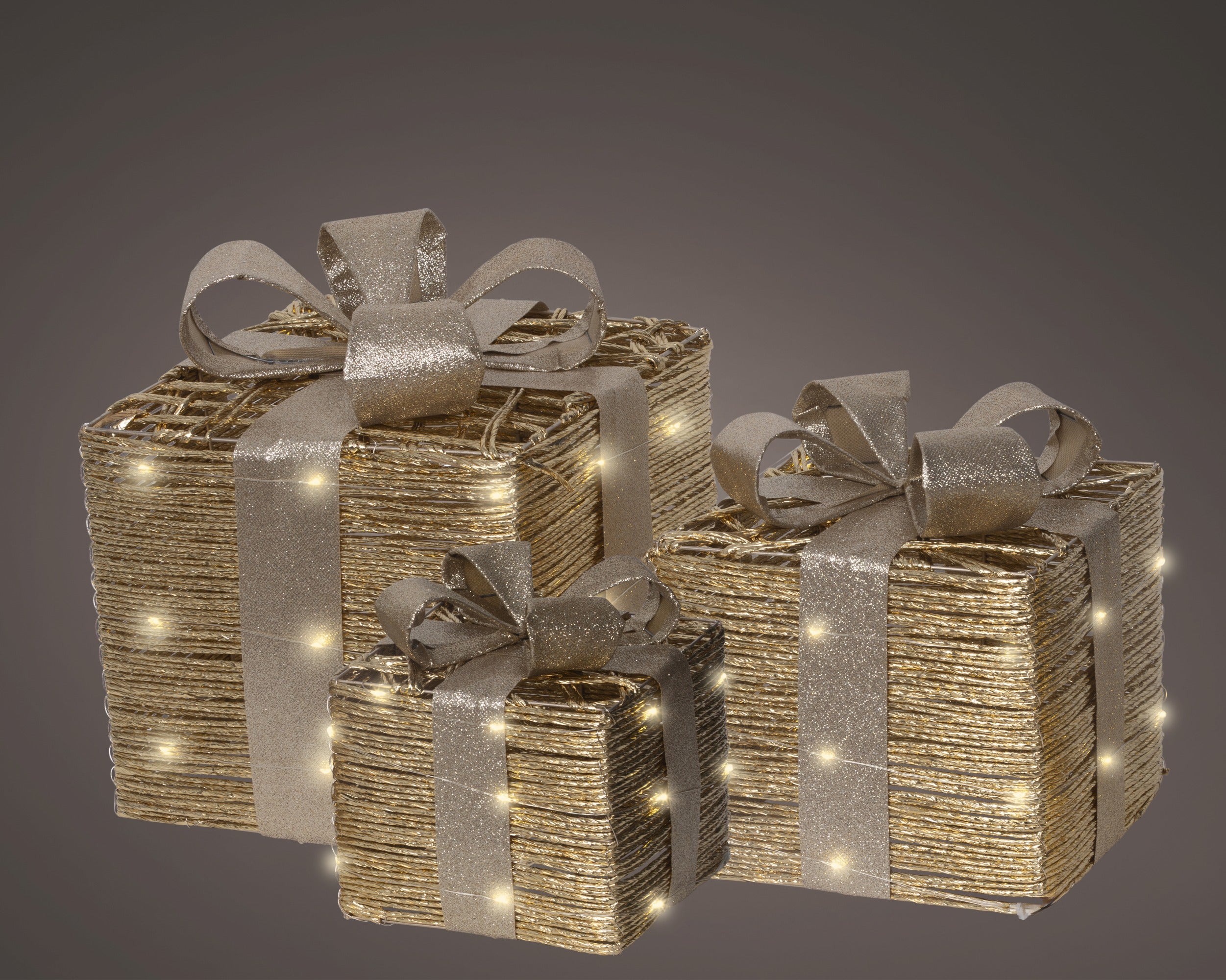 Set 3 decorazioni pacco regalo con led oro  | rohome