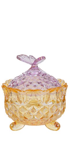 Bomboniera contenitore tondo in vetro verde e tappo farfalla arancione | Rohome