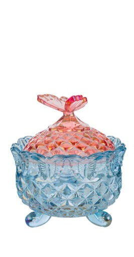 Bomboniera contenitore tondo in vetro verde e tappo farfalla arancione | Rohome