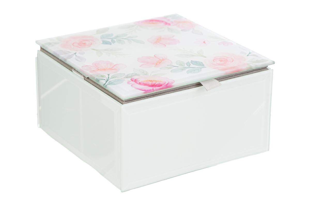 Bomboniera Scatola portagioie in vetro con decoro fiori 12x12xh.7cm | Rohome
