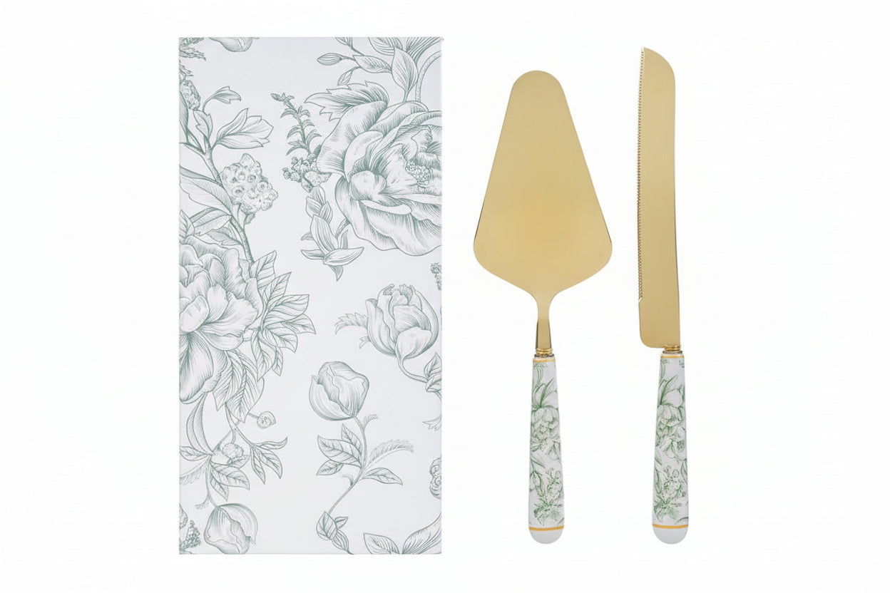 Bomboniera Set 2 pz taglia torta in porcellana fiori verde | Rohome