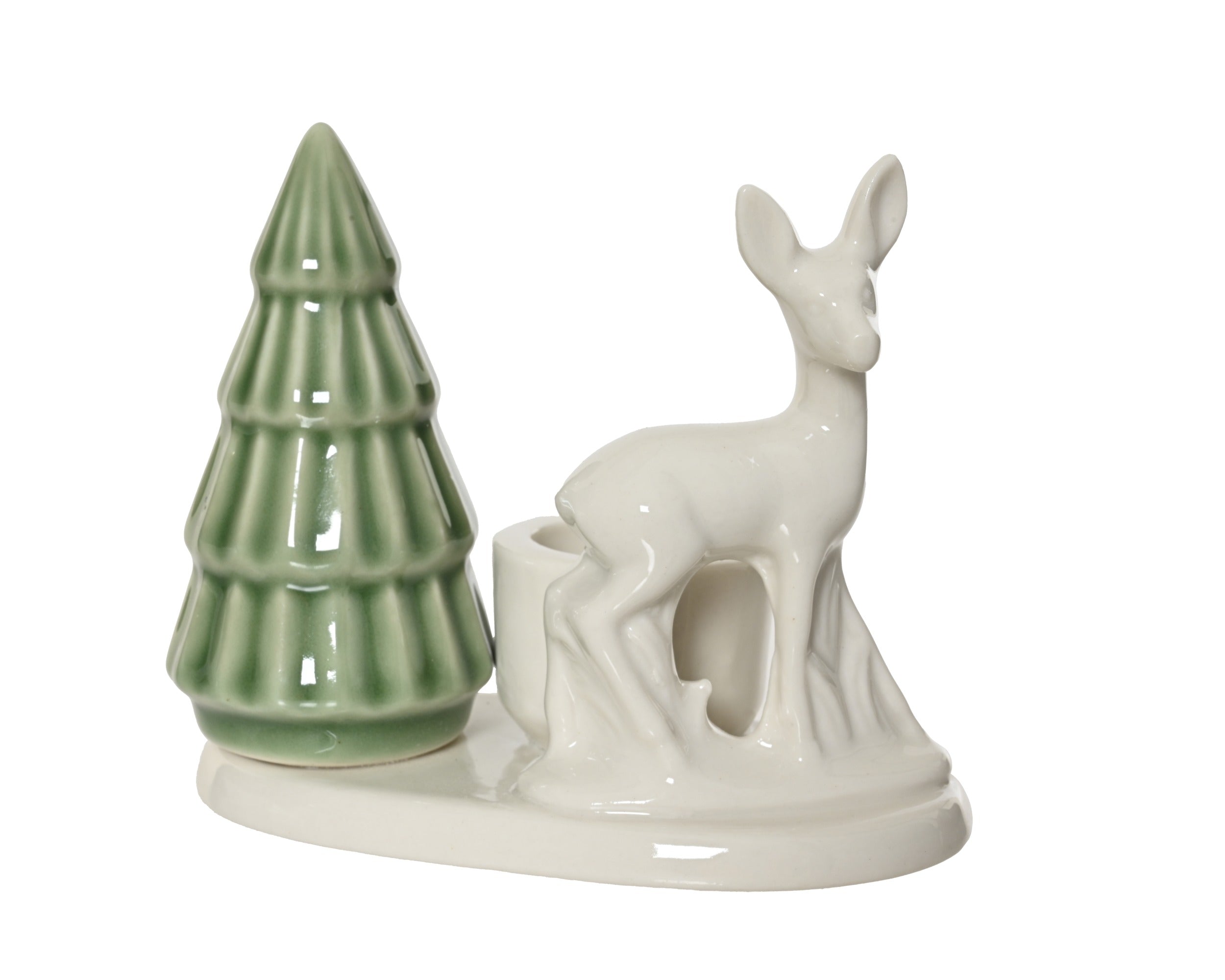 Portacandela con albero e renna in porcellana | Rohome