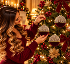 Set 3 palle di natale in vetro , velluto bordeaux e perle d10cm  | Rohome