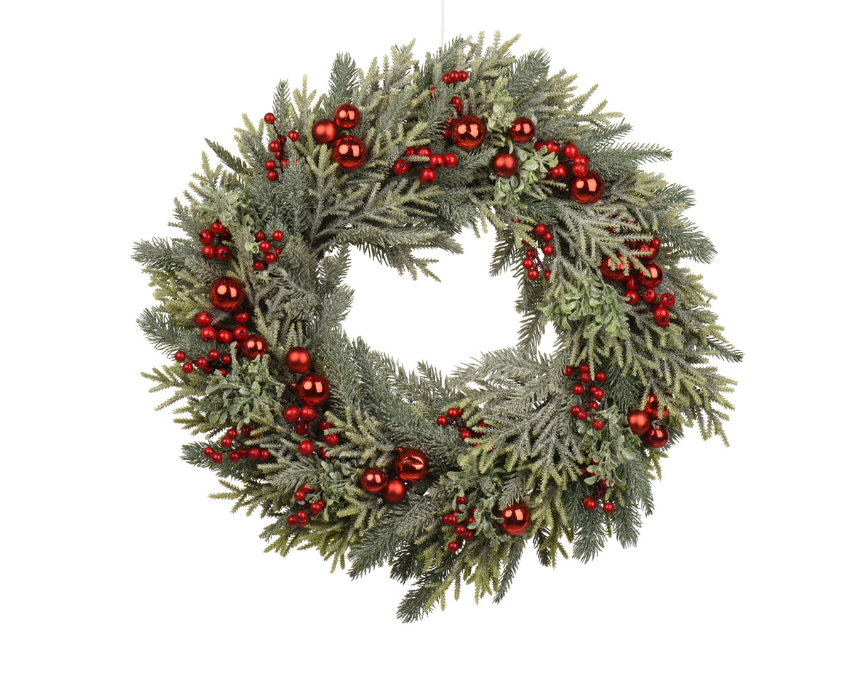 Corona ghirlanda natalizia con bacche e palle rosse d.60cm | rohome