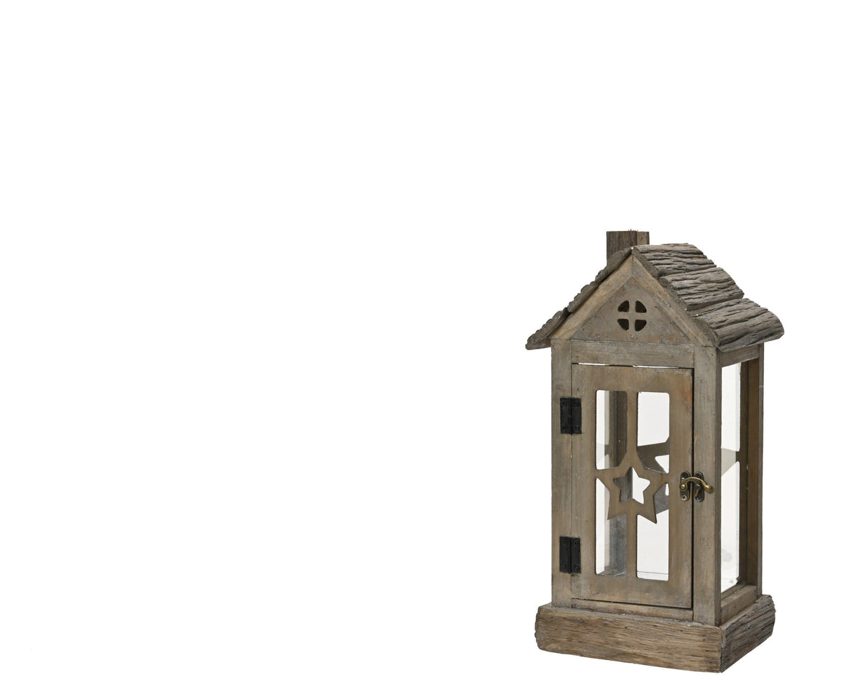 Lanterna in legno a forma di casa con tetto in corteccia | rohome