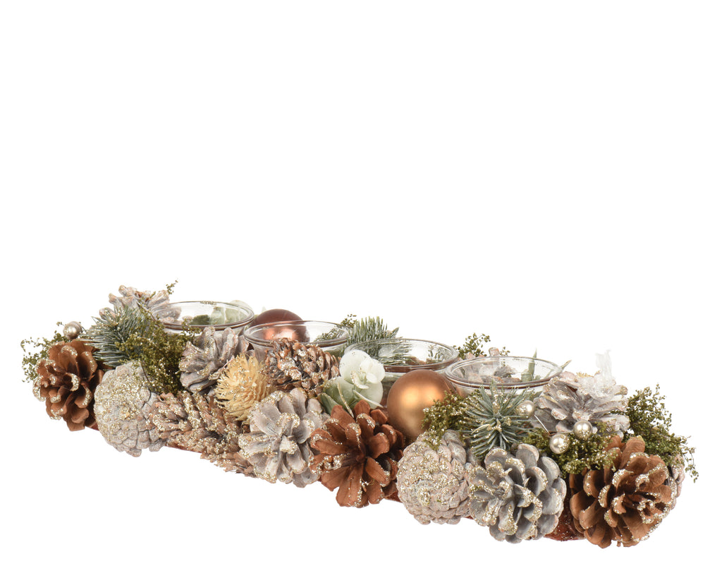 Portacandele con pigne, glitter e palline verdi di pino | rohome