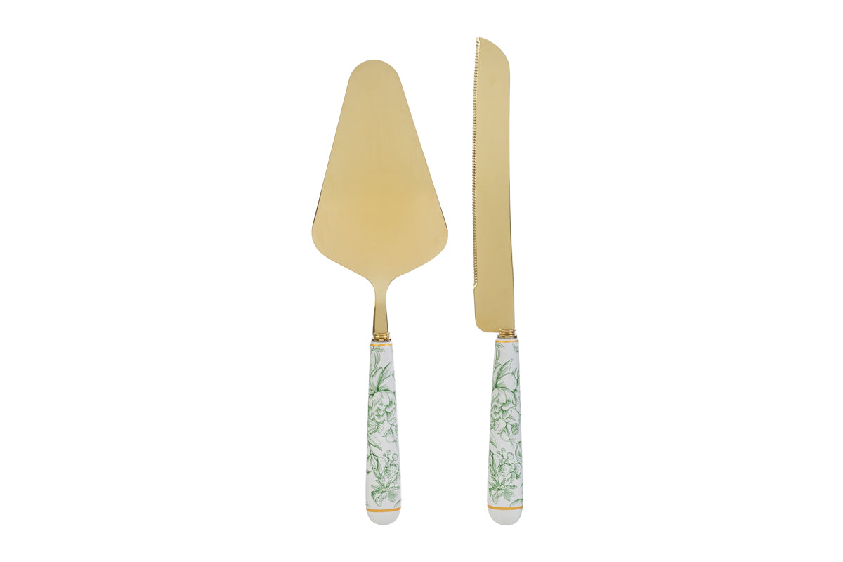 Bomboniera Set 2 pz taglia torta in porcellana fiori verde | Rohome