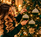 Set 3 palle di natale in vetro , velluto verde e perle d10cm  | Rohome