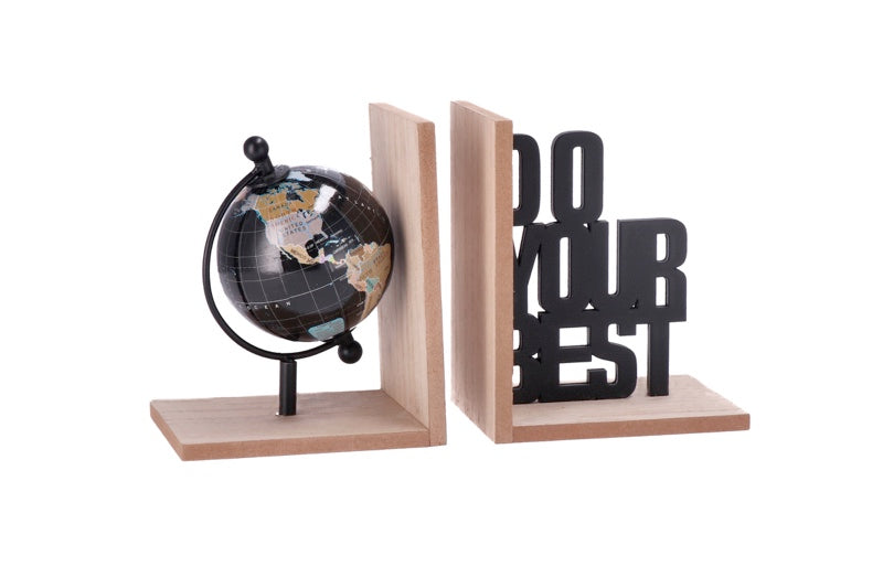 Set 2 reggilibri in legno e ferro con mappamondo | Rohome