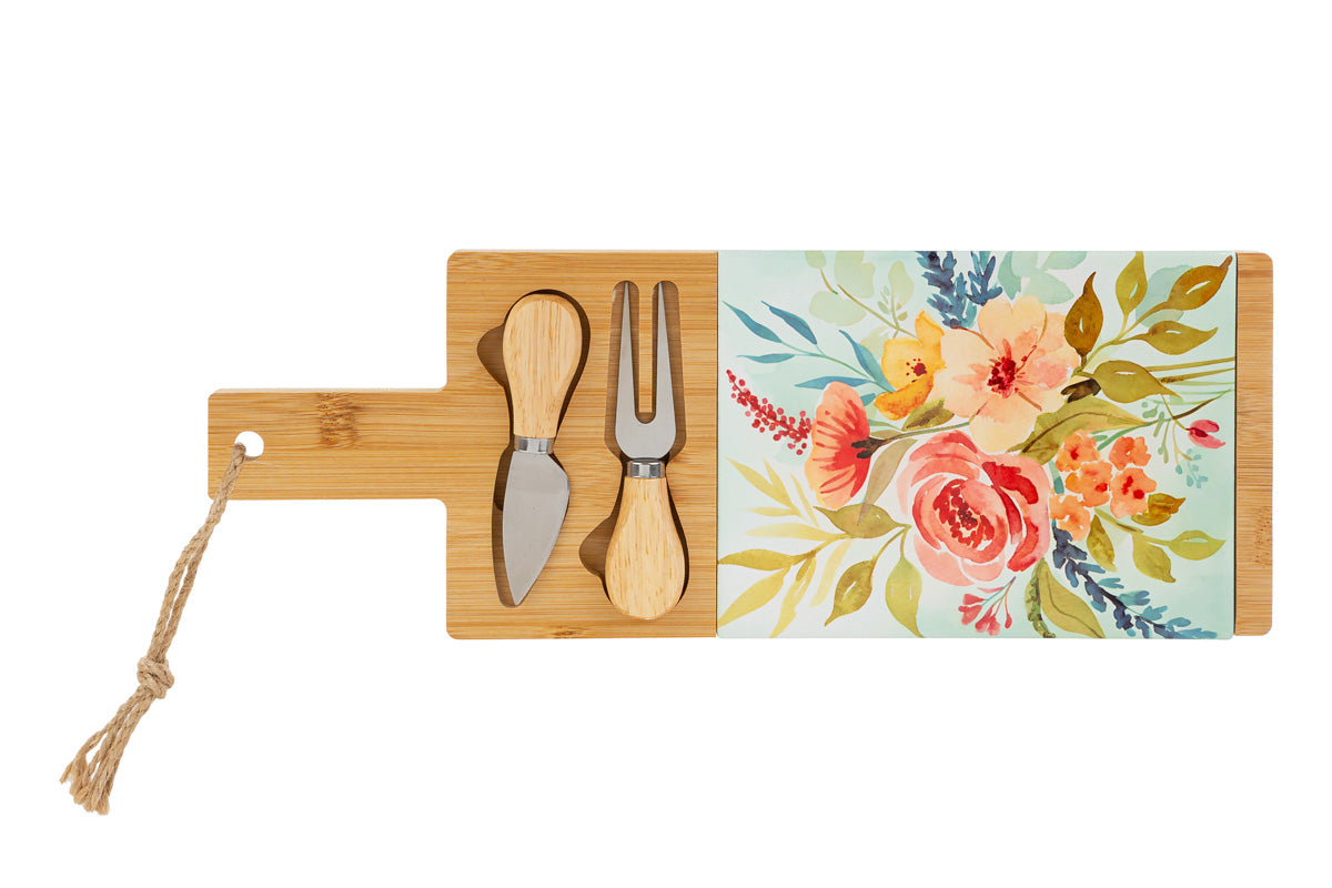 Tagliere formaggi in legno e ceramica con 3 posate | Rohome