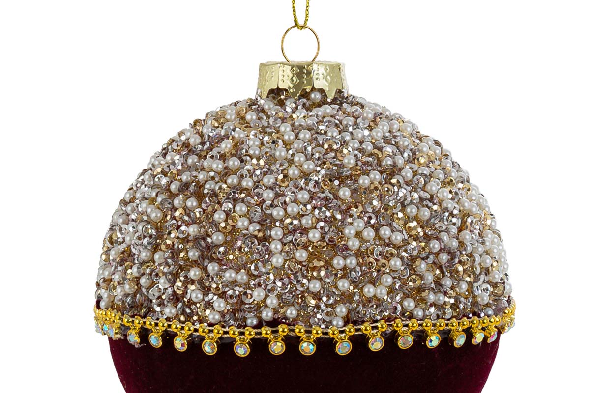 Set 3 palle di natale in vetro , velluto bordeaux e perle d10cm  | Rohome