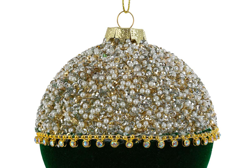 Set 3 palle di natale in vetro , velluto verde e perle d10cm  | Rohome