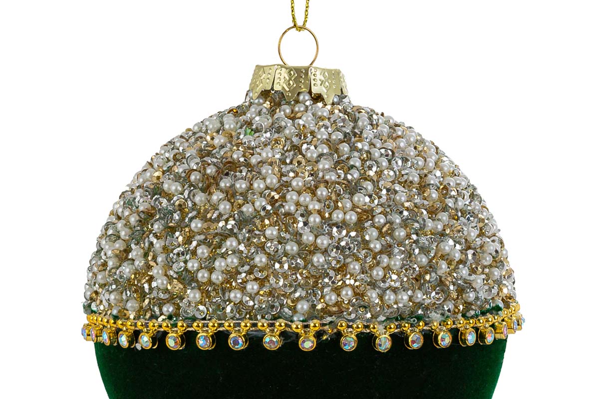 Set 3 palle di natale in vetro , velluto verde e perle d10cm  | Rohome