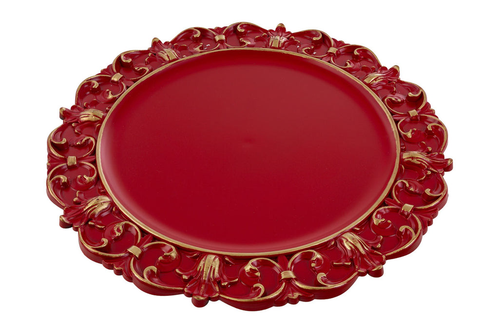 Vassoio rotondo barocco in melamina rosso ed oro | rohome
