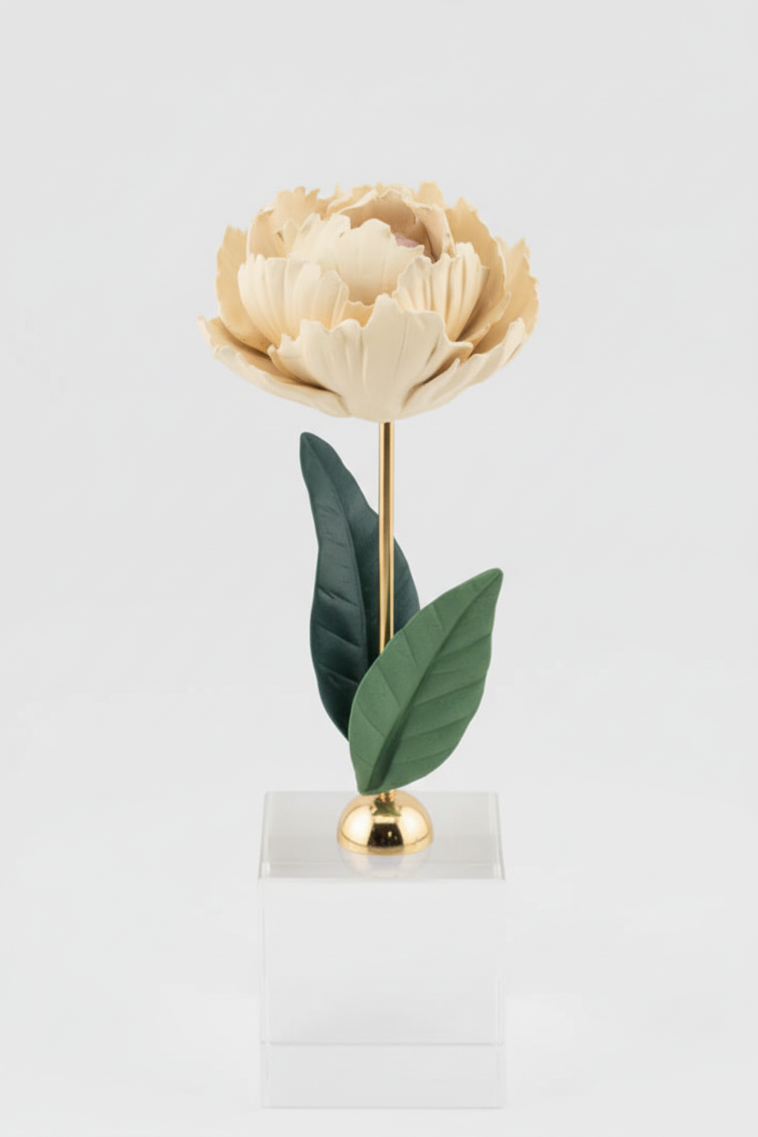 Pianta Peonia in ceramica colore avorio su base cubo h.18cm | Rohome