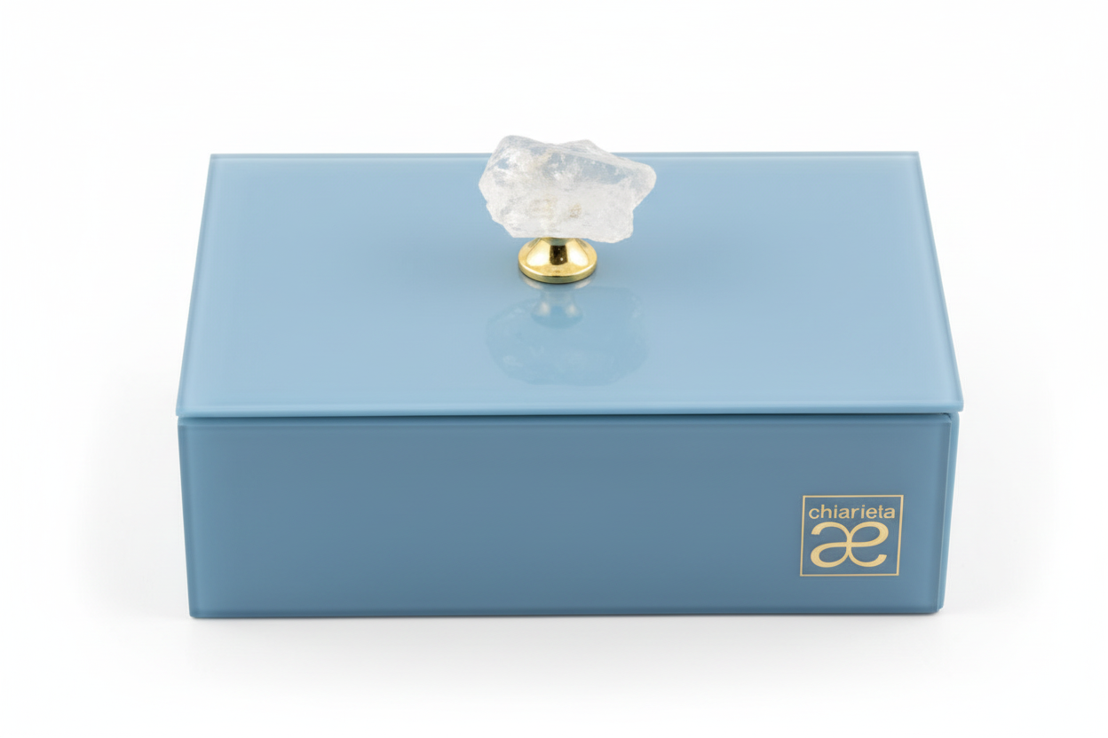 Portagioie rettangolare in vetro azzurro polvere con pietra | Rohome