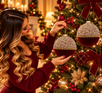 Set 2 palle di natale in vetro , velluto bordeaux e perle d15cm  | Rohome
