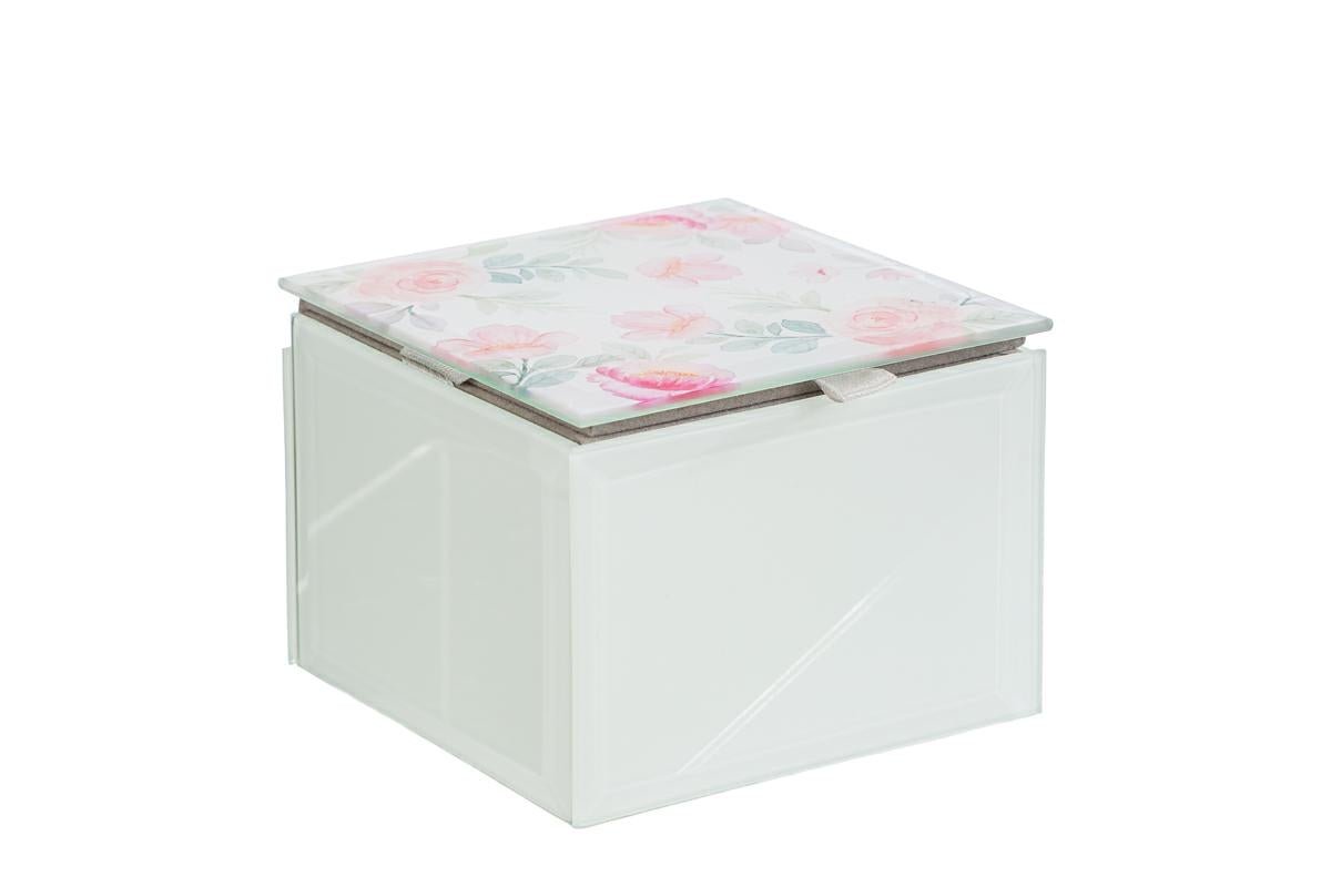 Bomboniera Scatola portagioie in vetro con decoro fiori 9x9xh.7cm | Rohome | Rohome