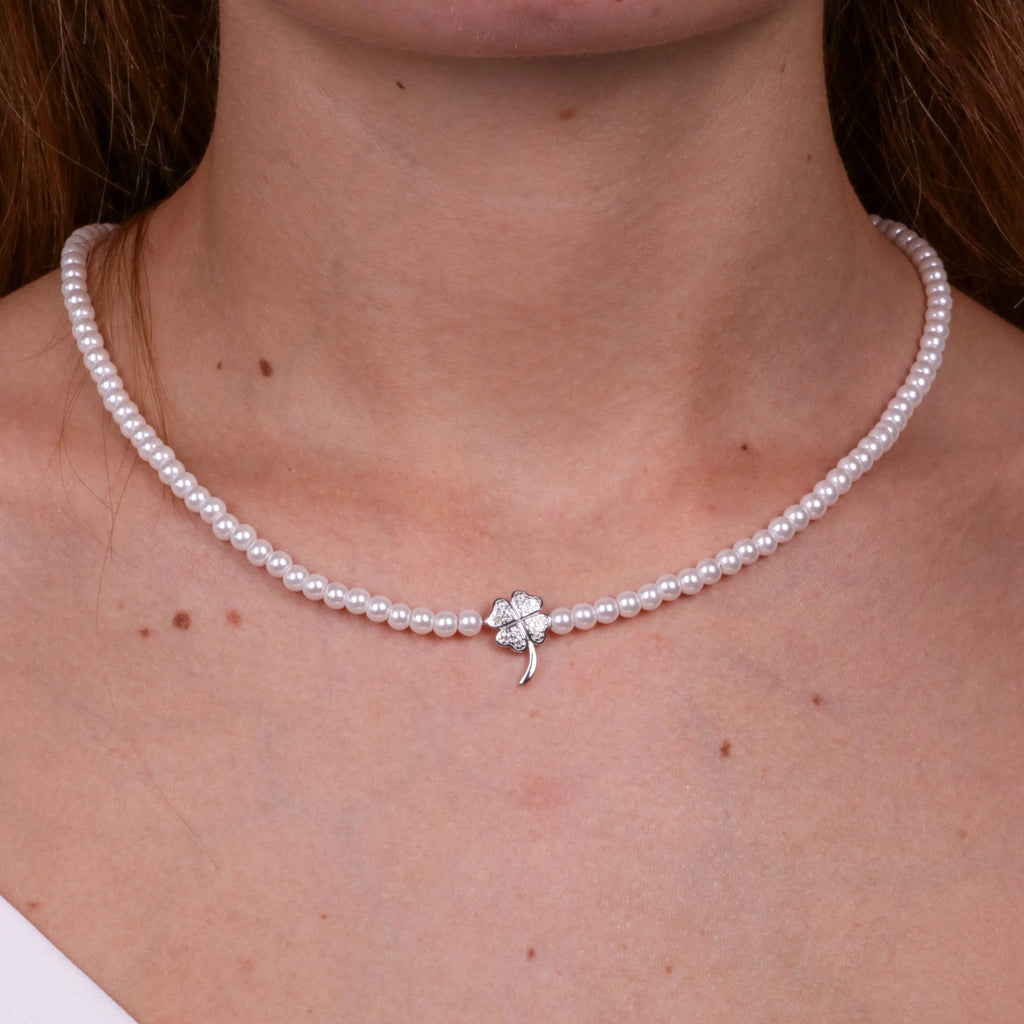 Collana in Argento con perle e ciondolo quadrifoglio | Rohome